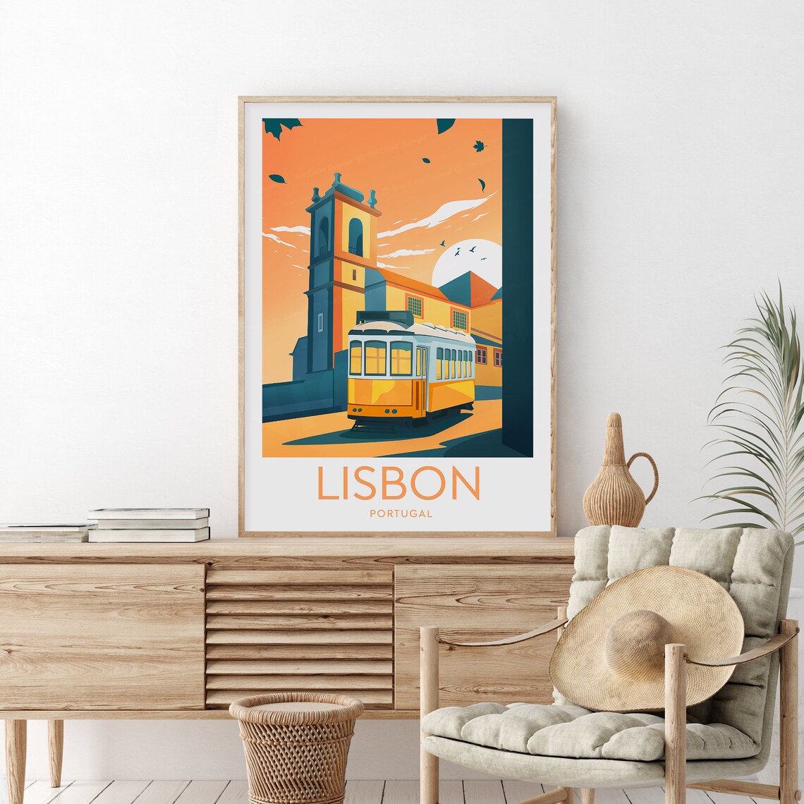 Lisbon Portugal Sunset Tram Alfama Street Vintage Travel Poster