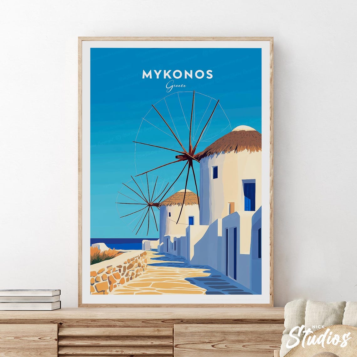 Mykonos Greece Windmill Aegean Island Vintage Travel Poster Art