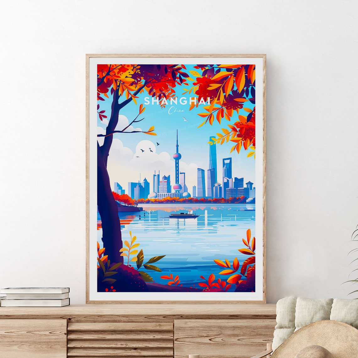 Shanghai China Skyline Oriental Pearl Autumn River Travel Poster