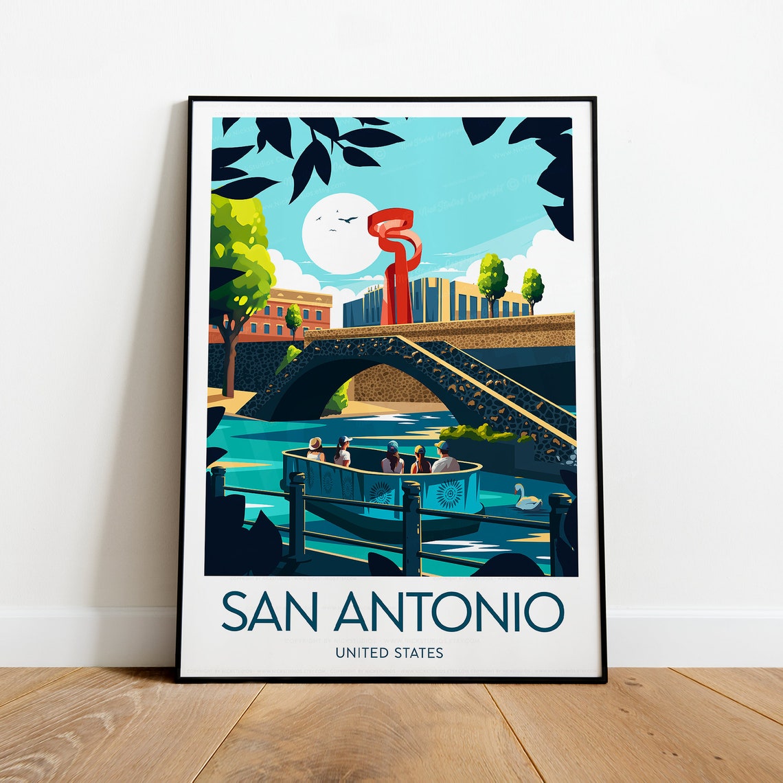 San Antonio Texas River Walk Boat Bridge Night Sculpture Travel Poster