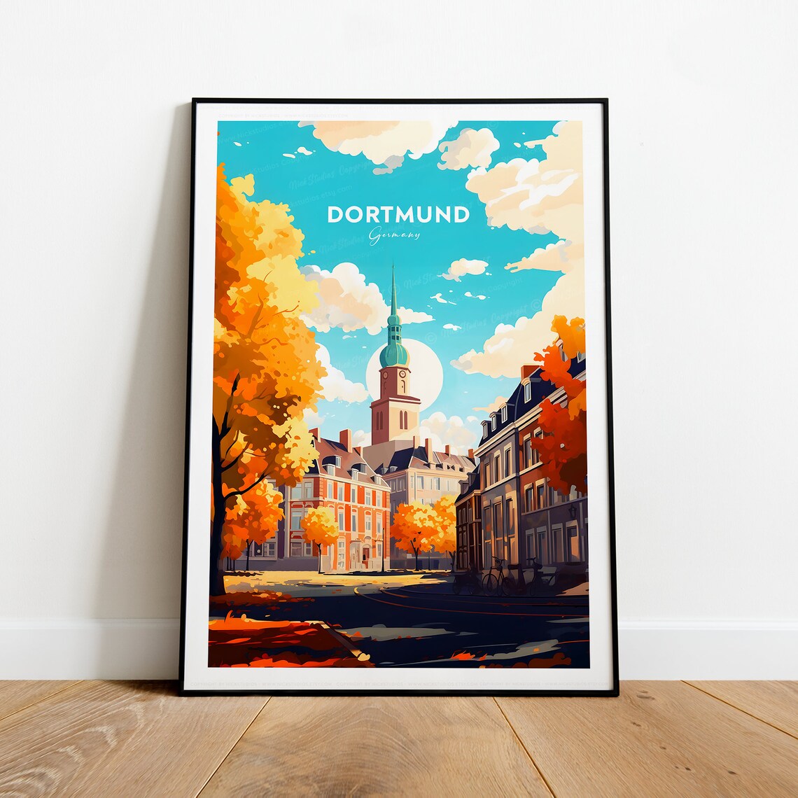 Dortmund Germany Autumn Street Church Tower Golden Travel Poster - Image 2