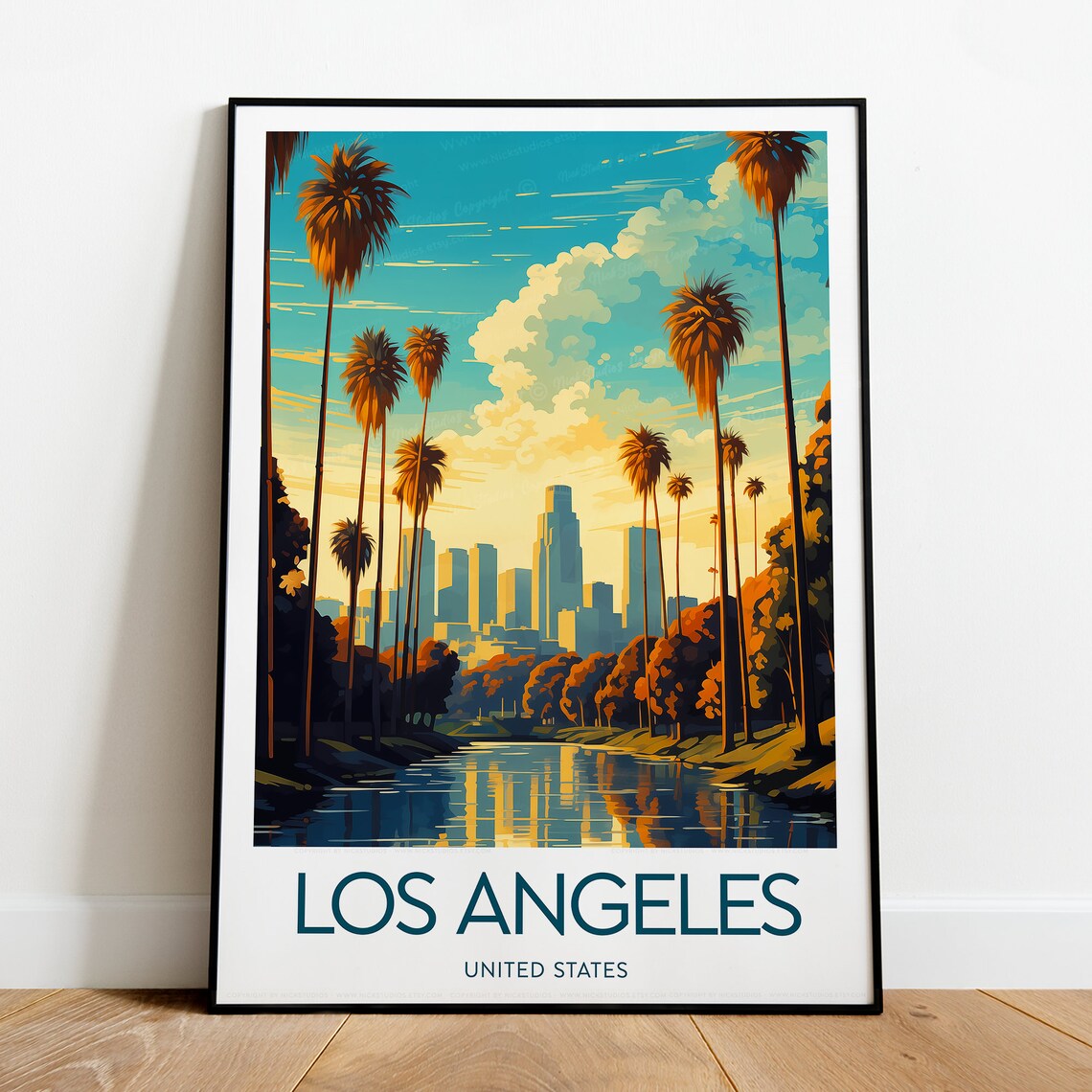 Los Angeles United States Downtown Skyline And Palm Trees Poster