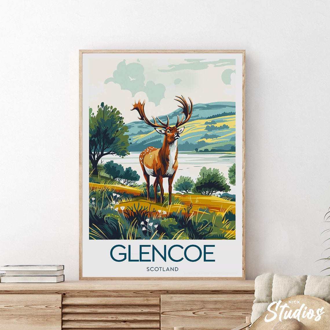 Glencoe Scotland Majestic Stag Loch Golden Meadow Travel Poster