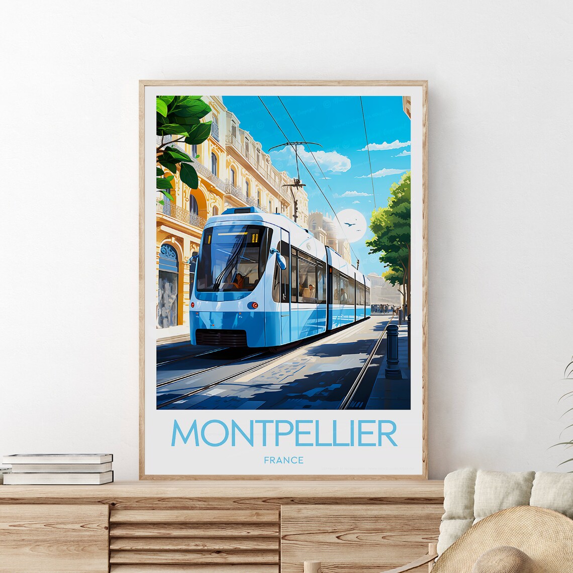 Montpellier France Blue Tram Sunny Street Historic Travel Poster