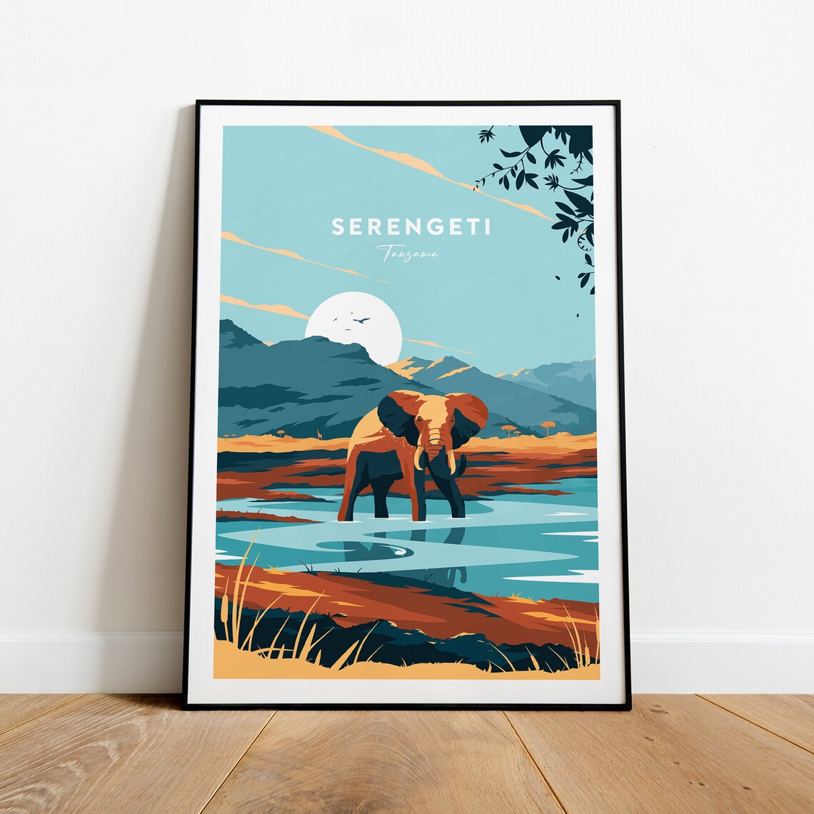 Serengeti Tanzania Elephant Crossing River At Sunset Travel Poster