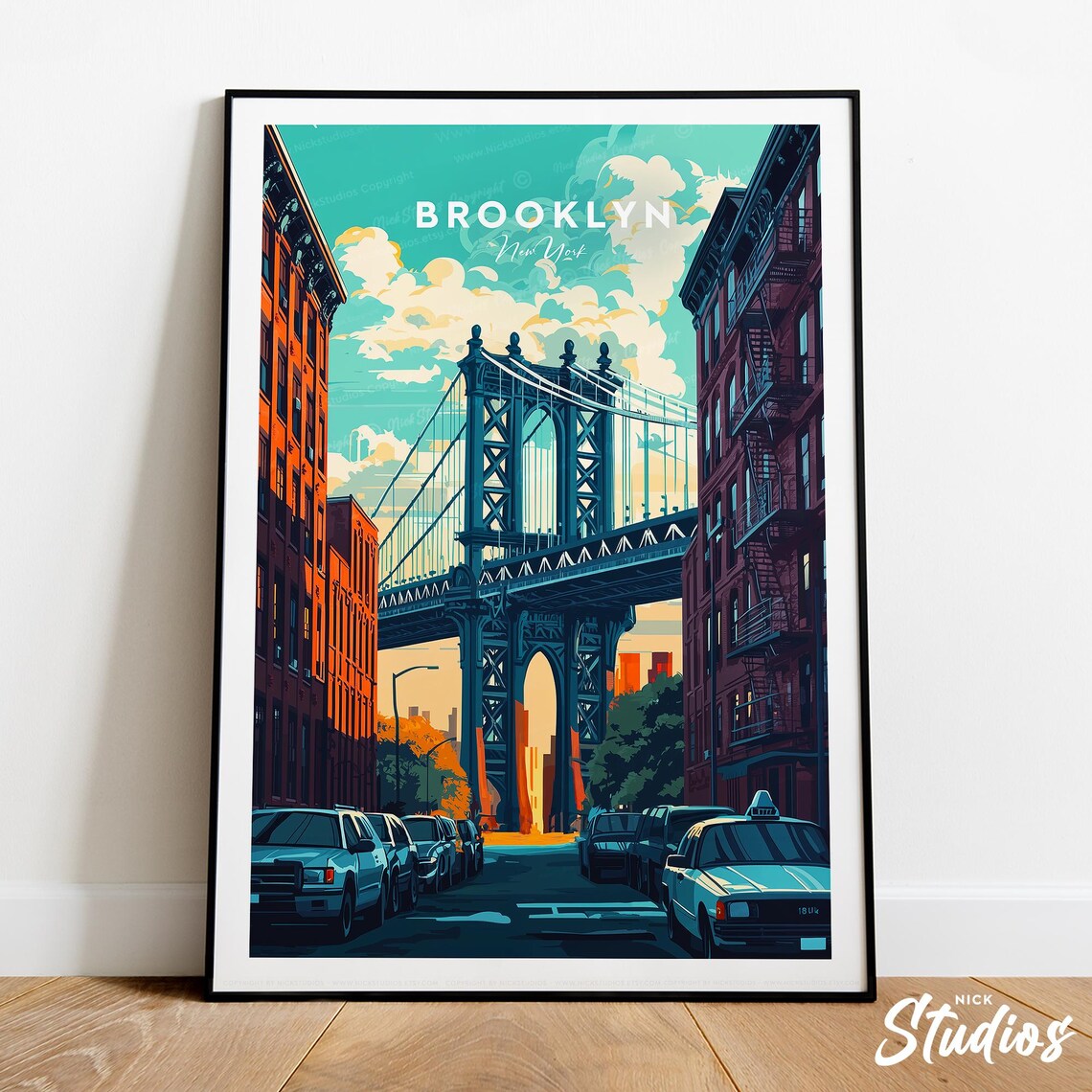 Brooklyn New York Bridge Street Scene Taxi Retro City Travel Poster
