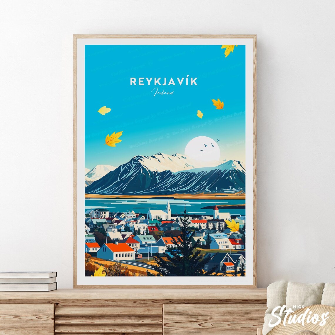 Reykjavik Iceland Snowy Mountain Town Retro Nordic Travel Poster