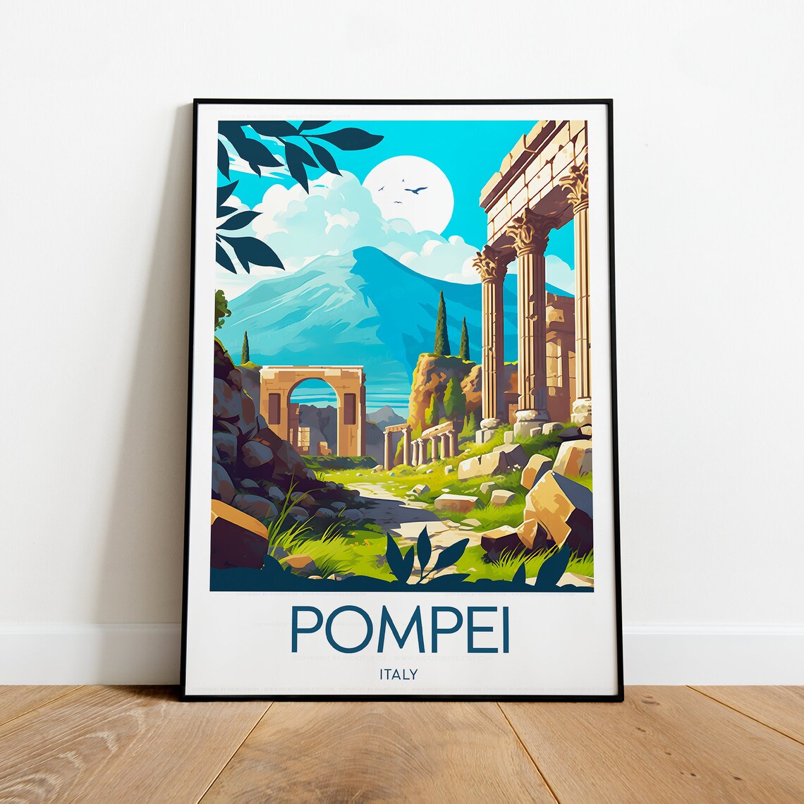 Pompeii Italy Ancient Ruins Stone Columns Vesuvius Travel Poster