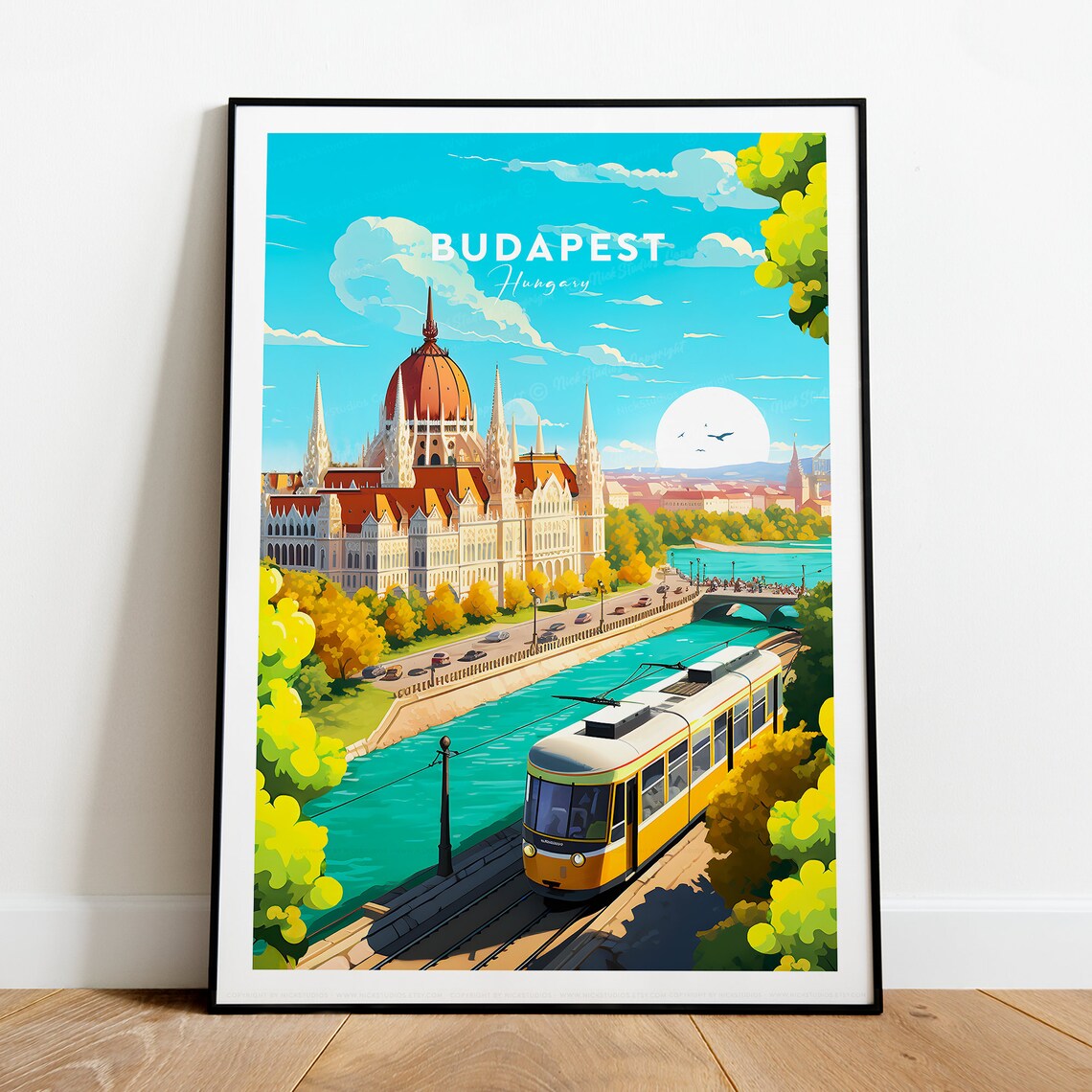 Budapest Hungary Parliament and Yellow Tram Riverside Travel Poster - Image 2