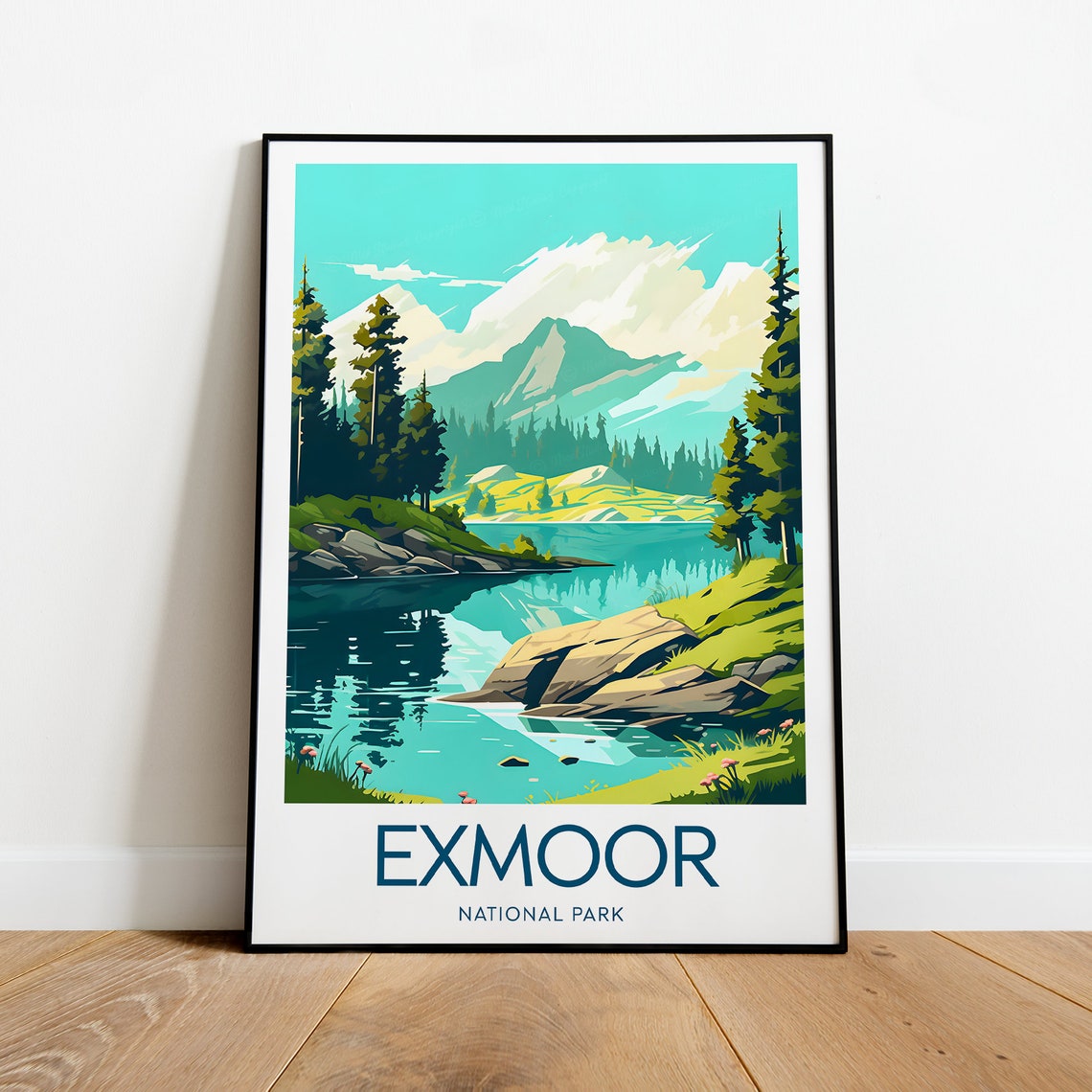 Exmoor National Park Turquoise Lake Mountain View Bold Text Poster