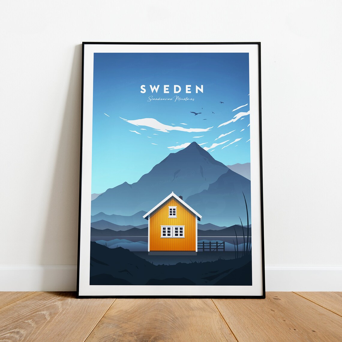Sweden Scandinavian Mountains Yellow Wooden Cabin Travel Poster
