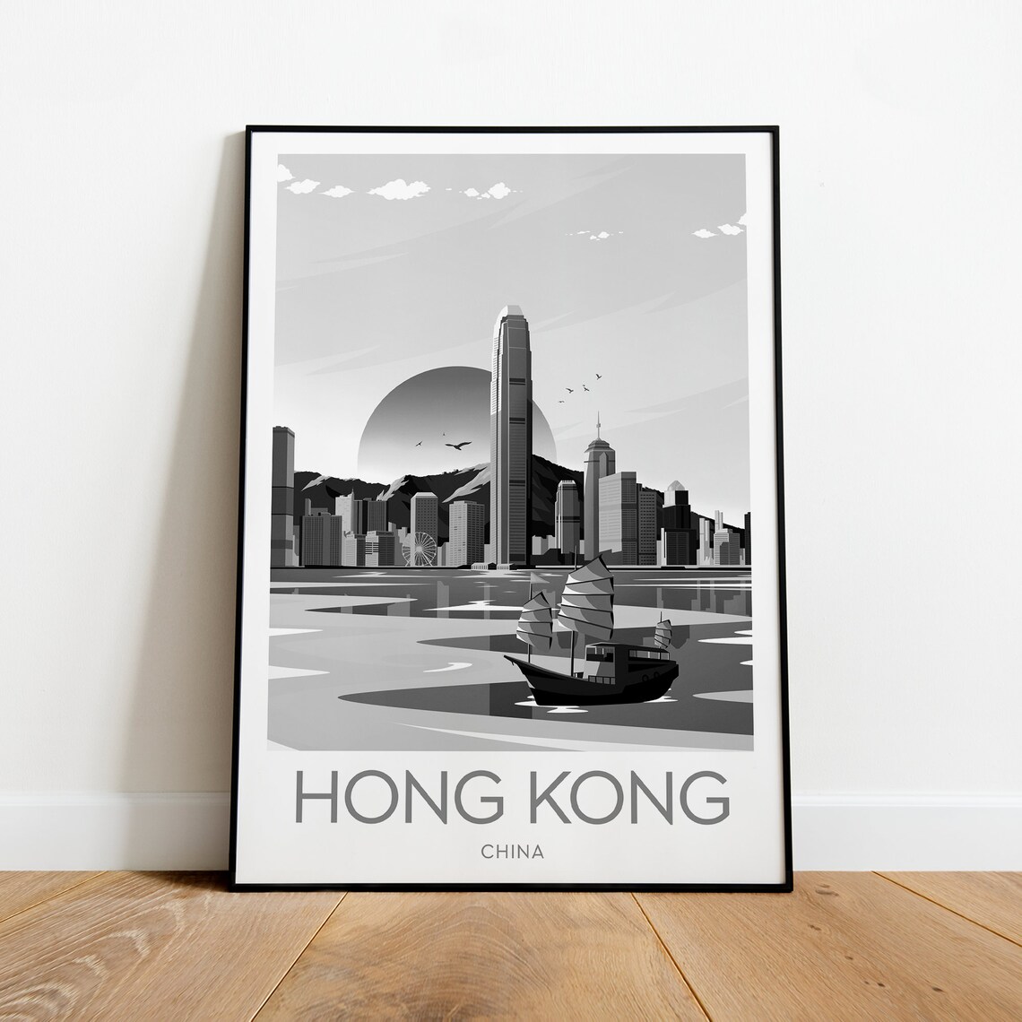 Hong Kong China Monochrome Harbour Junk Ship Skyline Travel Poster