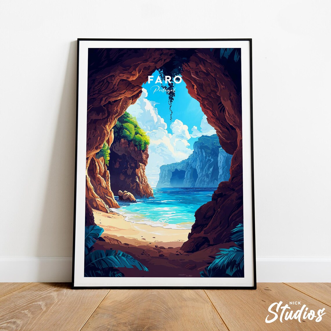 Faro Portugal Sea Cave Hidden Beach Cliffs Retro Algarve Travel Poster