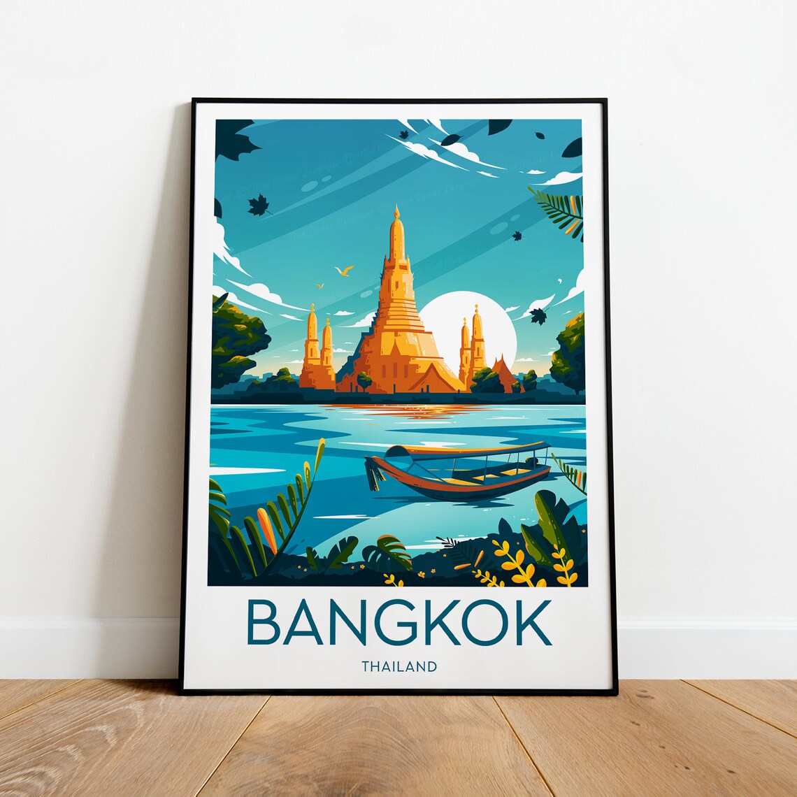 Bangkok Thailand Golden Temple River Longtail Boat Travel Poster