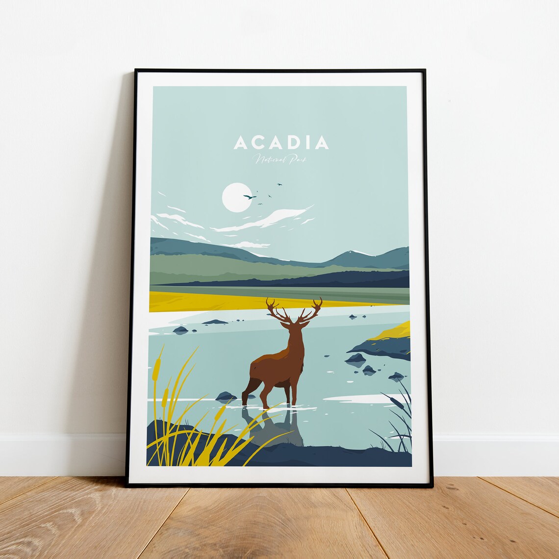 Acadia National Park Stag by Lake Mountains Travel Art Poster - Image 2