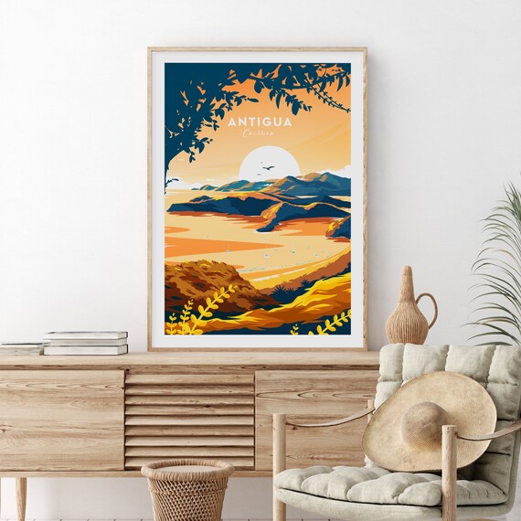 Antigua Caribbean Sunset Bay Sailboats Tropical Coast Poster
