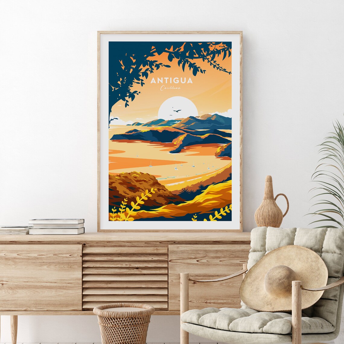 Antigua Caribbean Sunset Bay Sailboats Tropical Coast Poster