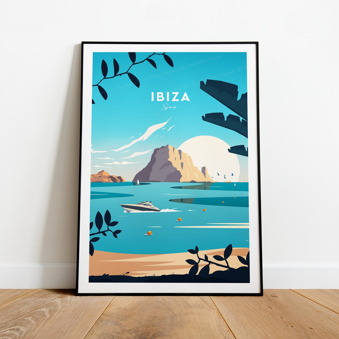 Ibiza Spain Rocky Sea Islet Yacht Mediterranean Sunset View Poster