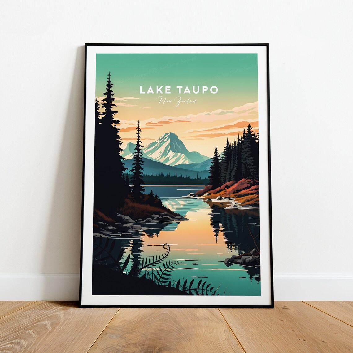 Lake Taupo New Zealand Mountain Reflection Sunset Water Travel Poster - Image 2