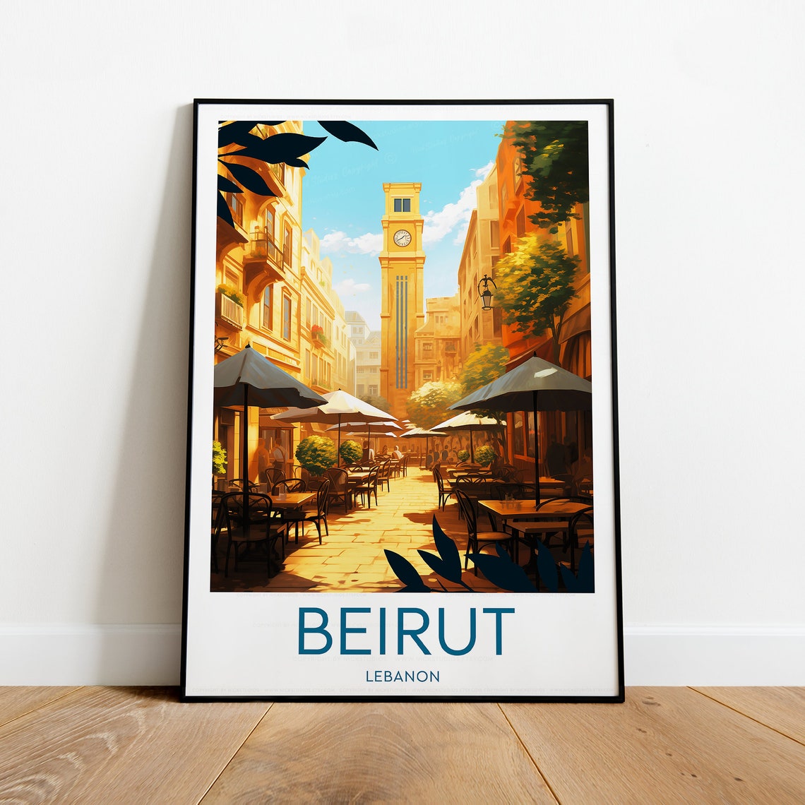 Beirut Lebanon Sunlit Cafe Street With Historic Clock Tower Poster