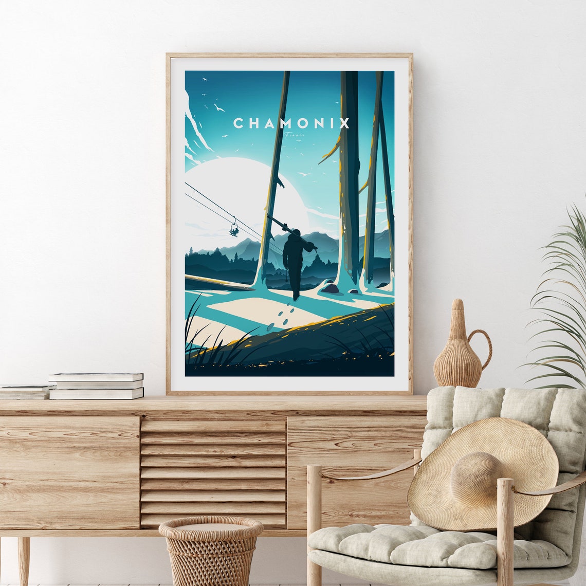 Chamonix France Skier Snowy Forest Dusk Alpine Ski Travel Poster