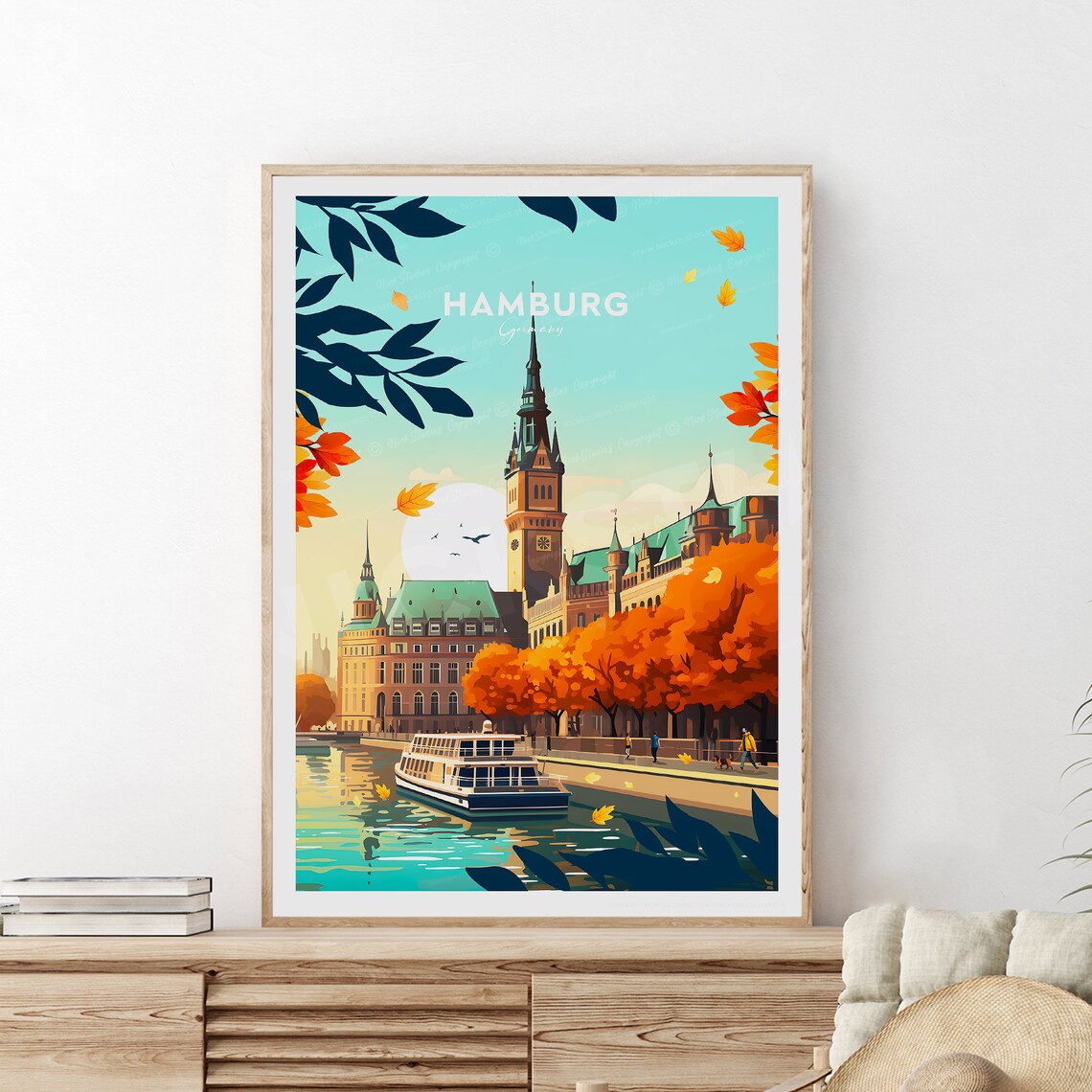 Hamburg Germany Rathaus Autumn Leaves River Sidewalk Travel Poster