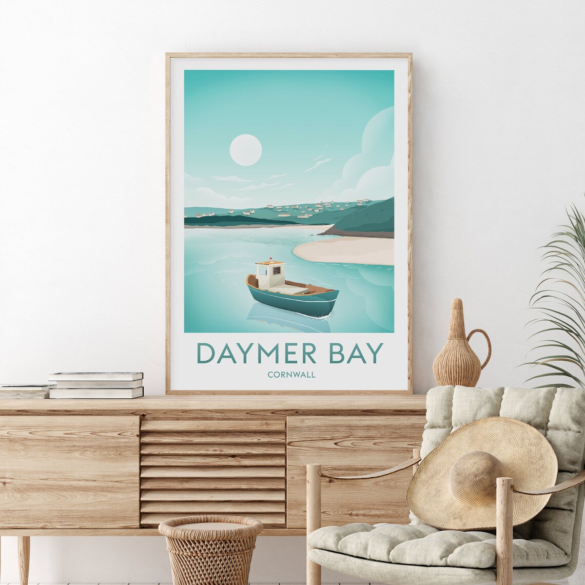 Daymer Bay Cornwall Classic Calm Seaside Teal Boat Travel Poster