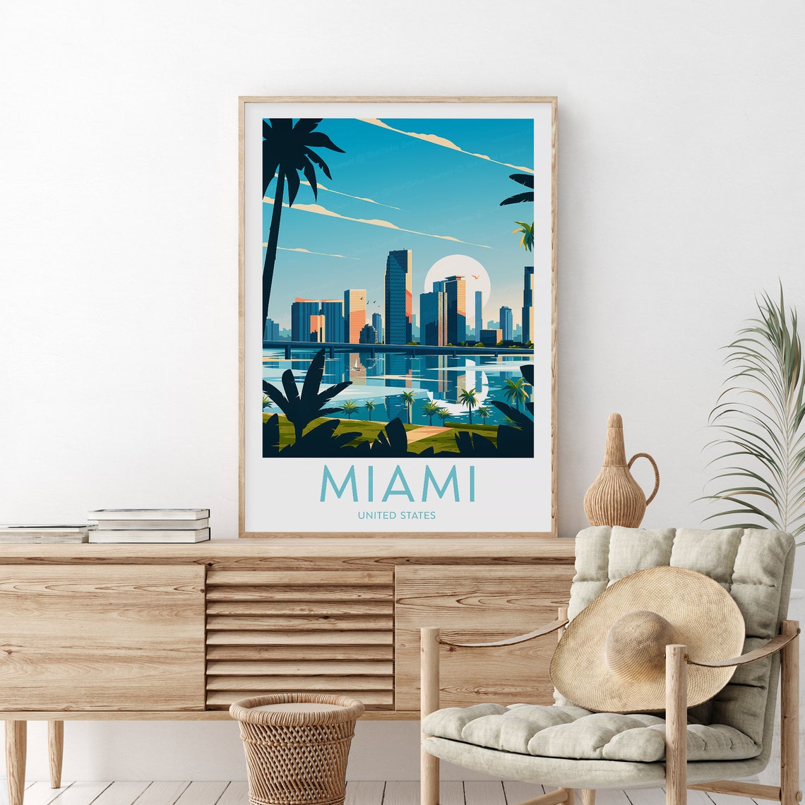 Miami Skyline Sunset Palms Retro Vintage Florida Travel Poster