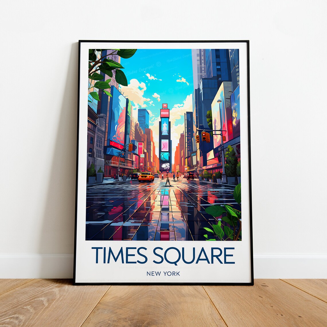 Times Square New York Travel Poster, Rainy Neon Street Scene