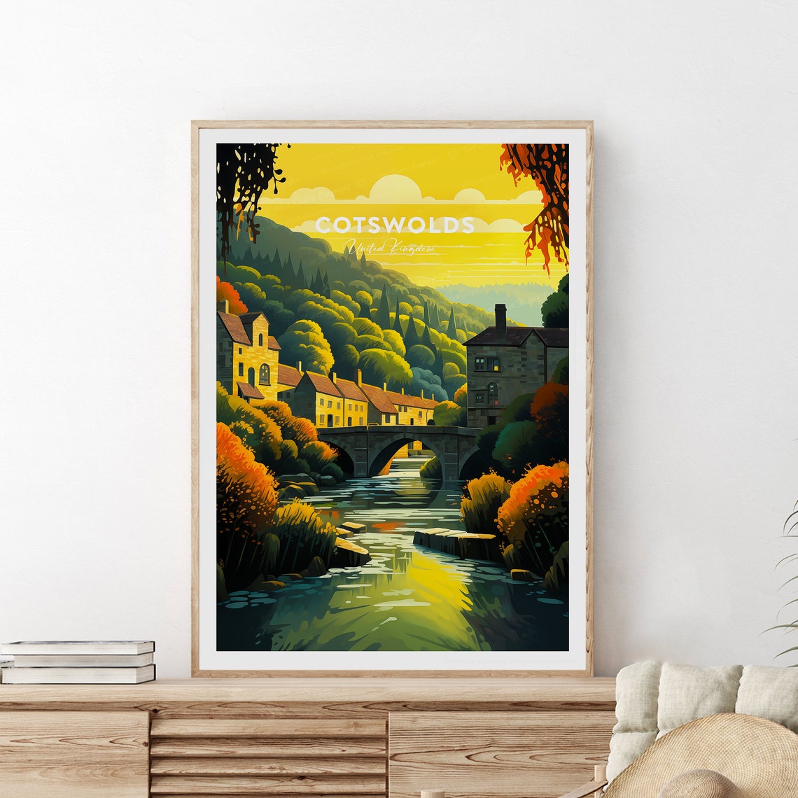 Cotswolds England Golden Village Riverside Stone Bridge Travel Poster