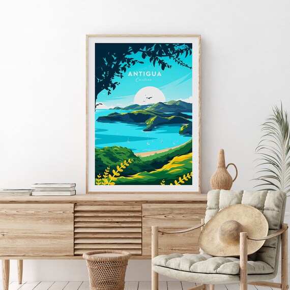 Antigua Caribbean Island Tropical Bay Sailing Moonlight Travel Poster