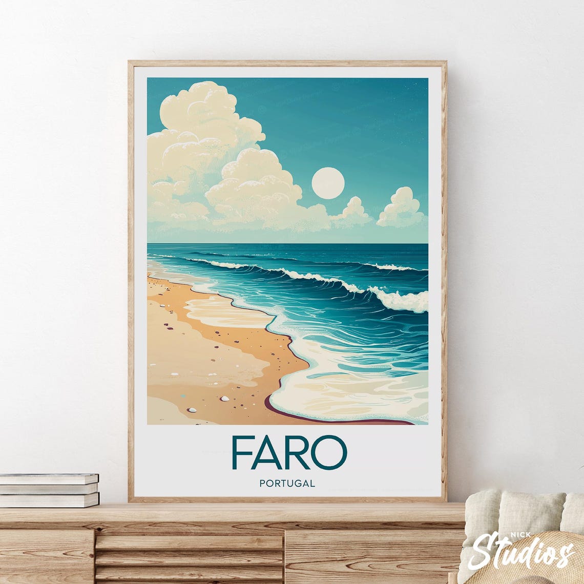 Faro Portugal Modern Travel Poster Beach Waves Sunny Shorescape