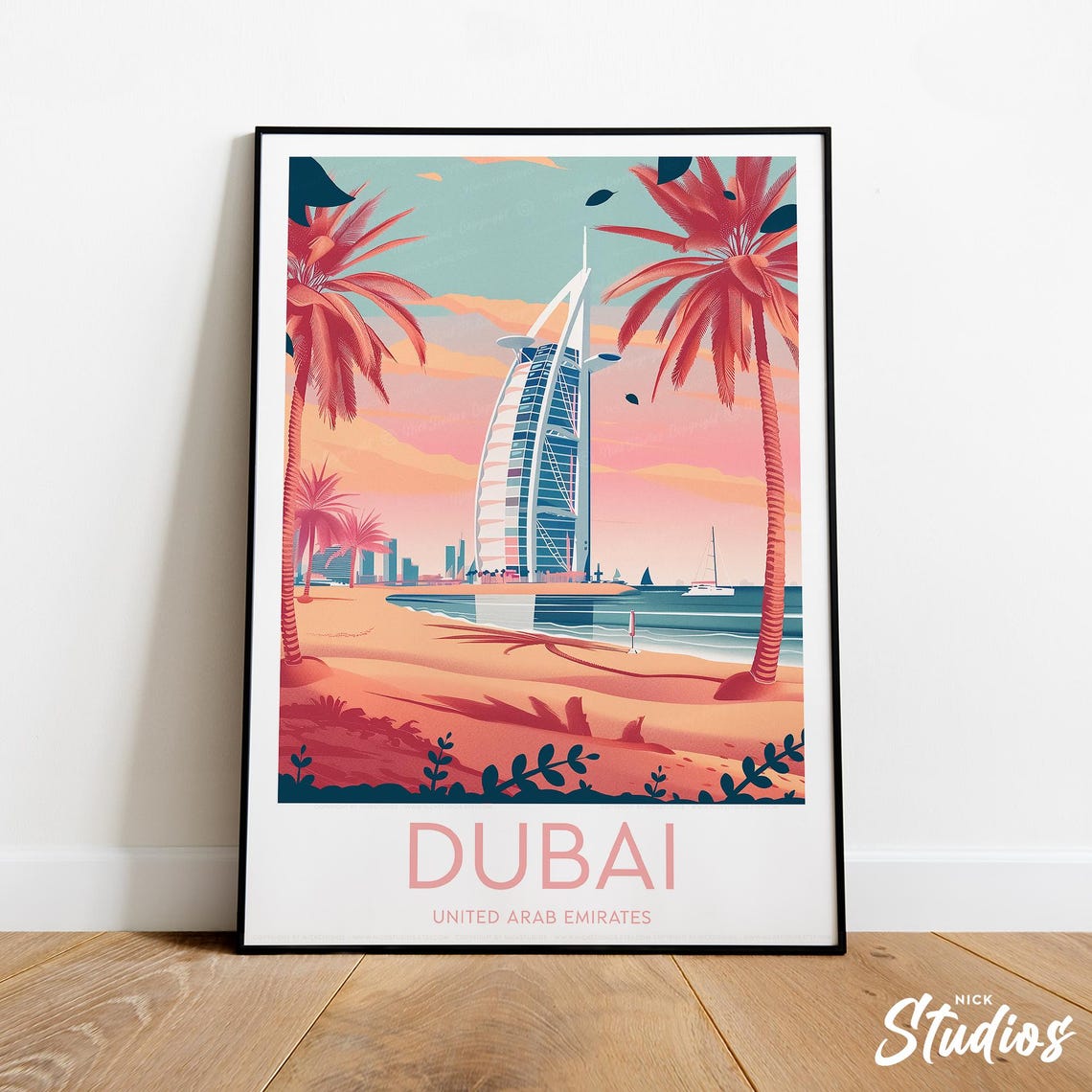 Dubai UAE Modern Travel Poster Burj Al Arab Beach Palm Sunset