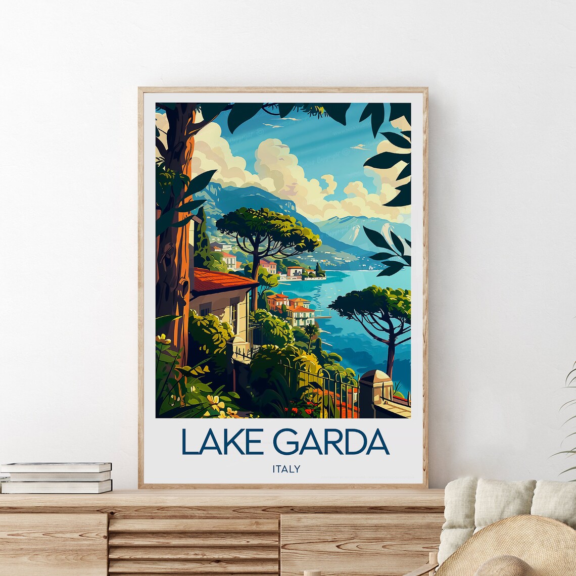 Lake Garda Italy Mountain Lake Villas Cypress Trees Sunset Poster