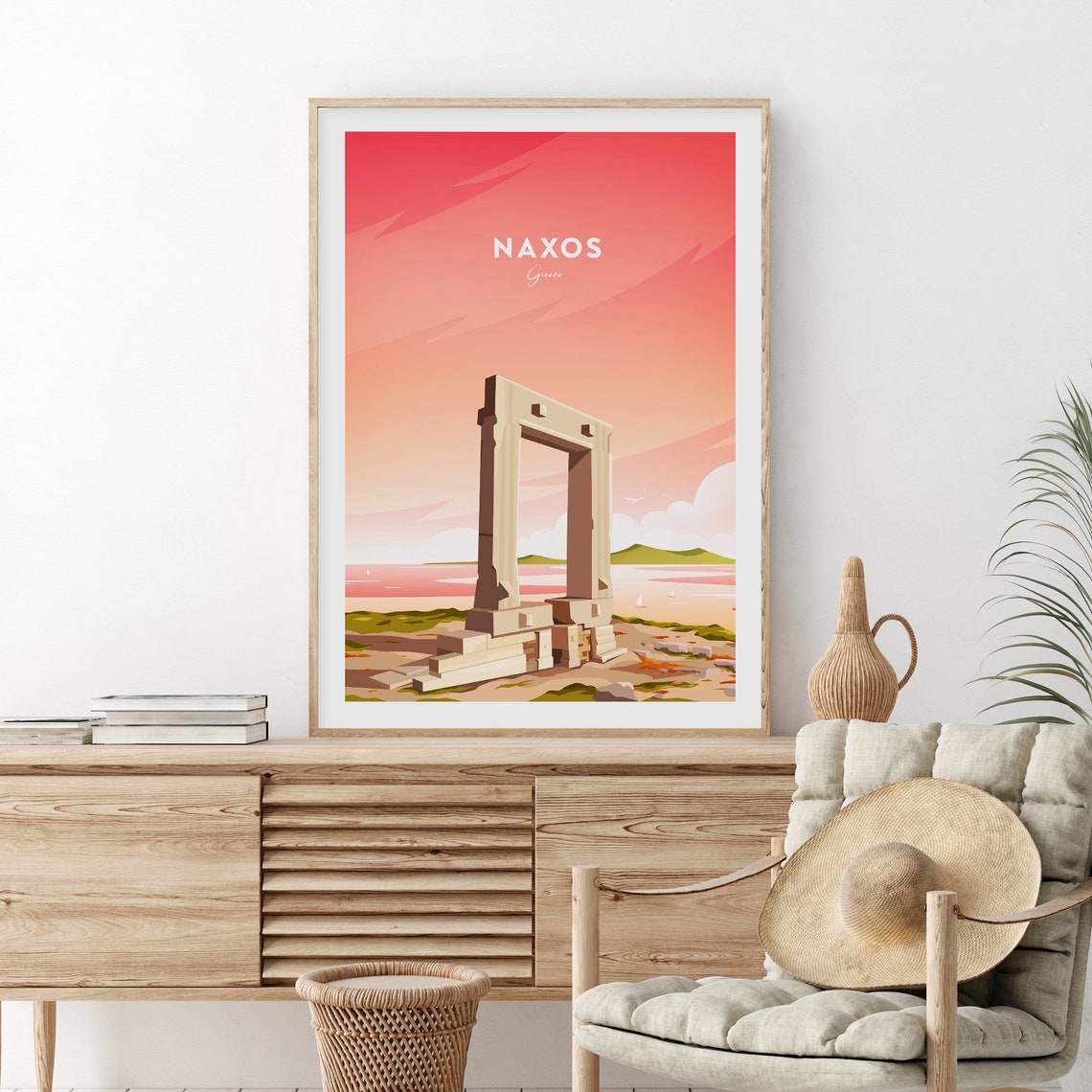 Naxos Greece Portara Gate Sunset Seaside Ancient Ruins Travel Poster