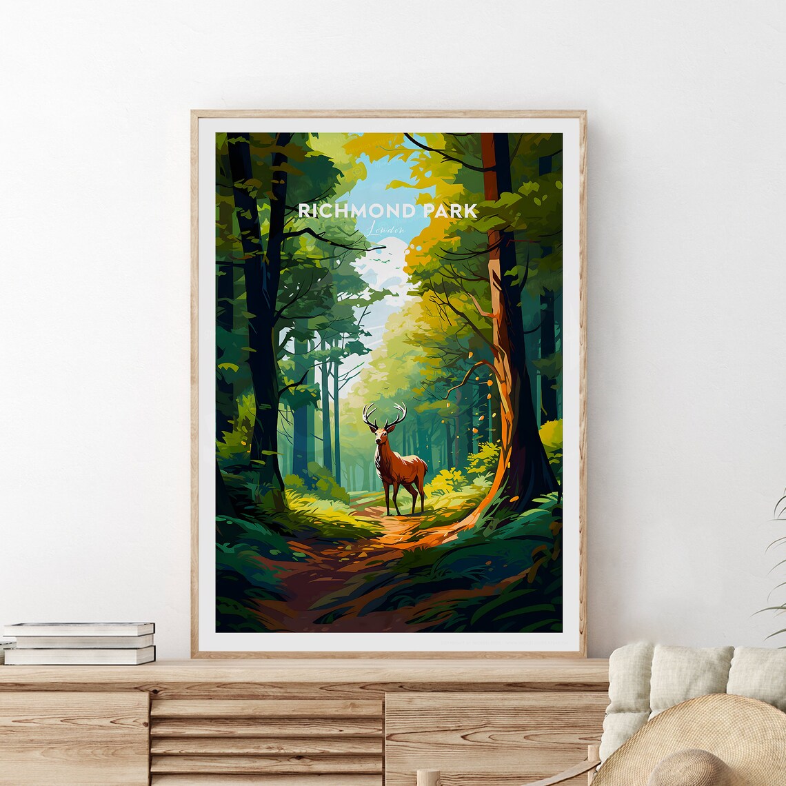 Richmond Park London Deer Stag In Sunlit Forest Glade Travel Poster