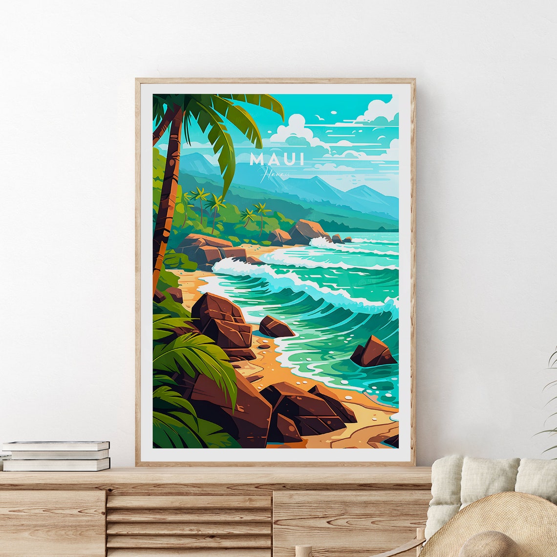 Maui Hawaii Rocky Beach Palm Trees Rolling Ocean Waves Travel Poster