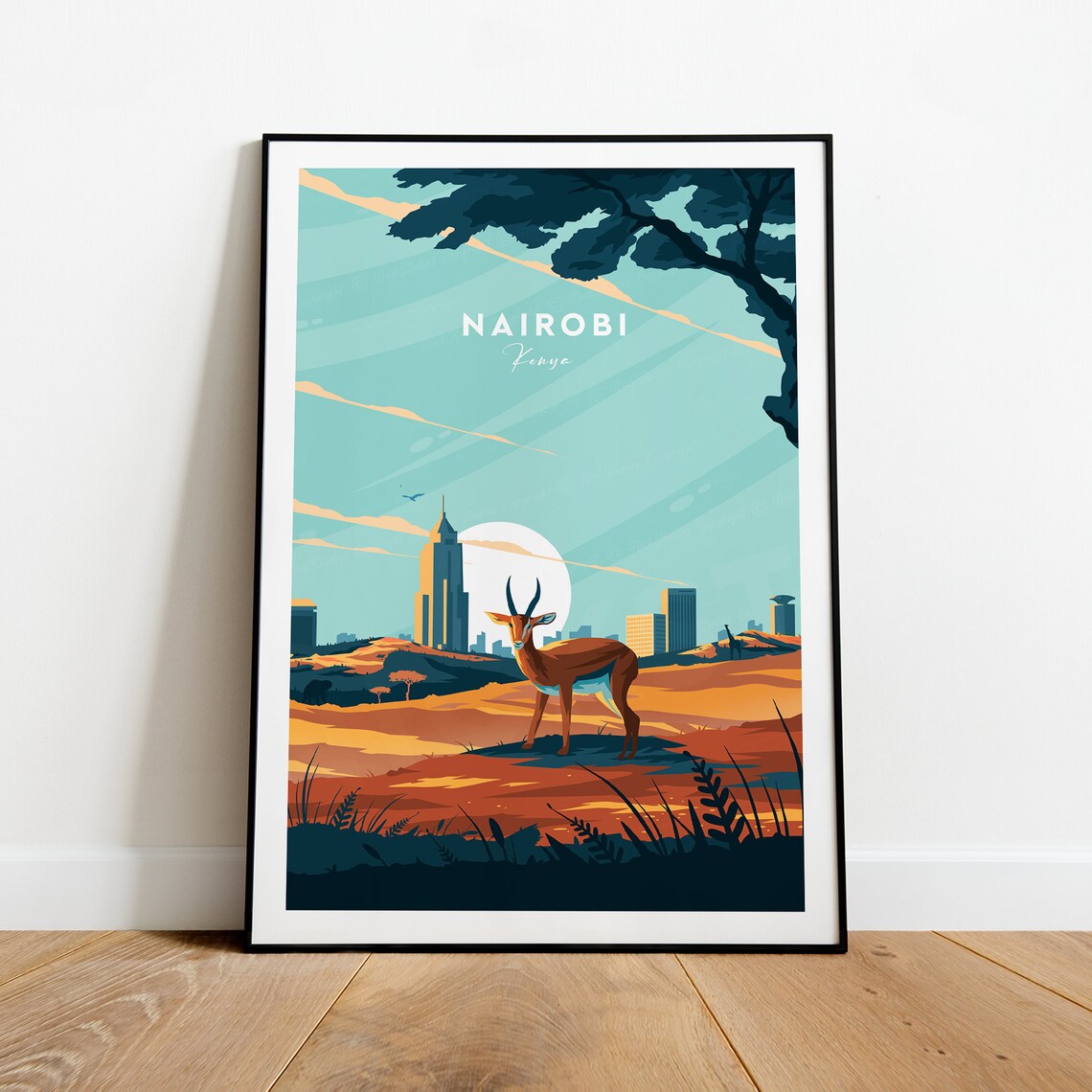 Nairobi Kenya Savanna Antelope City Skyline Vintage Travel Poster