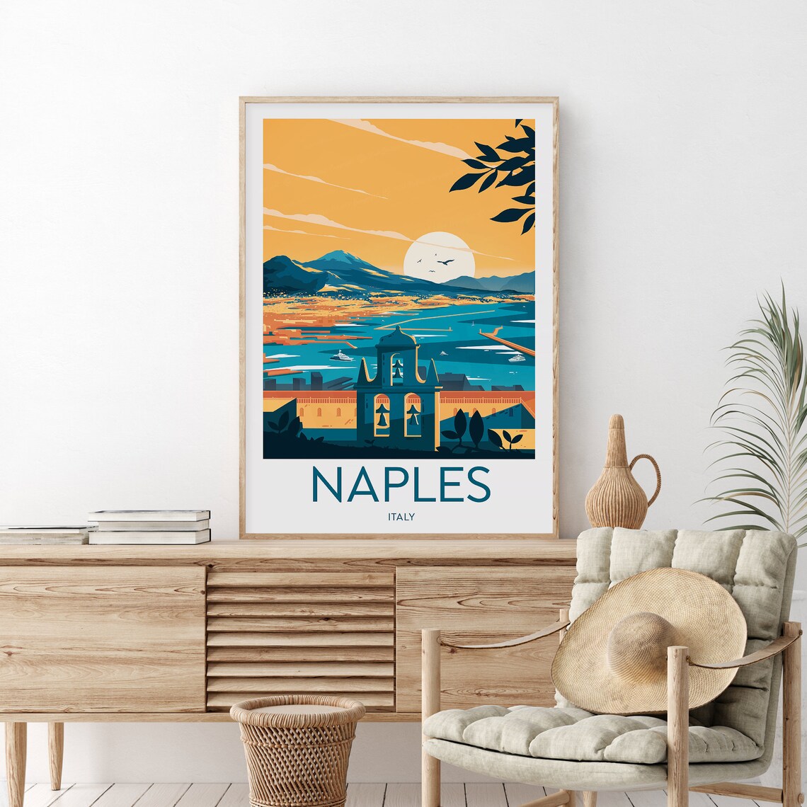 Naples Italy Sunset Bay Vesuvius Harbor Cityscape Travel Poster