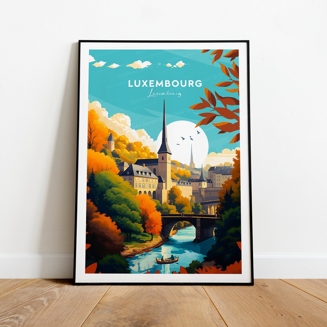 Luxembourg City Old Town Church Spire River Bridge Travel Poster