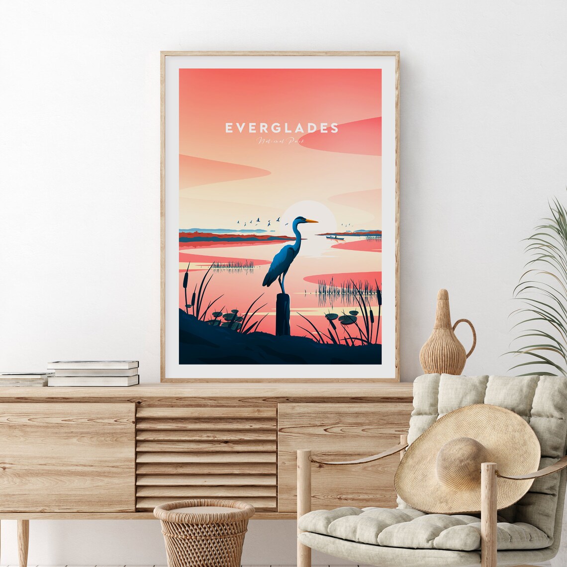 Everglades National Park Florida Heron Sunset Vintage Travel Poster