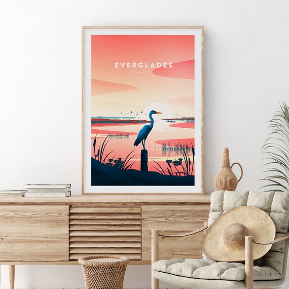 Everglades National Park Florida Heron Sunset Vintage Travel Poster