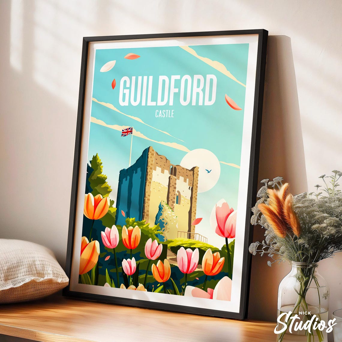 Guildford Castle Keep Among Spring Tulips Retro England Poster