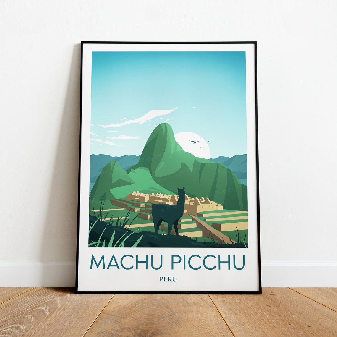 Machu Picchu Peru Llama Silhouette Over Ancient Inca Ruins Poster