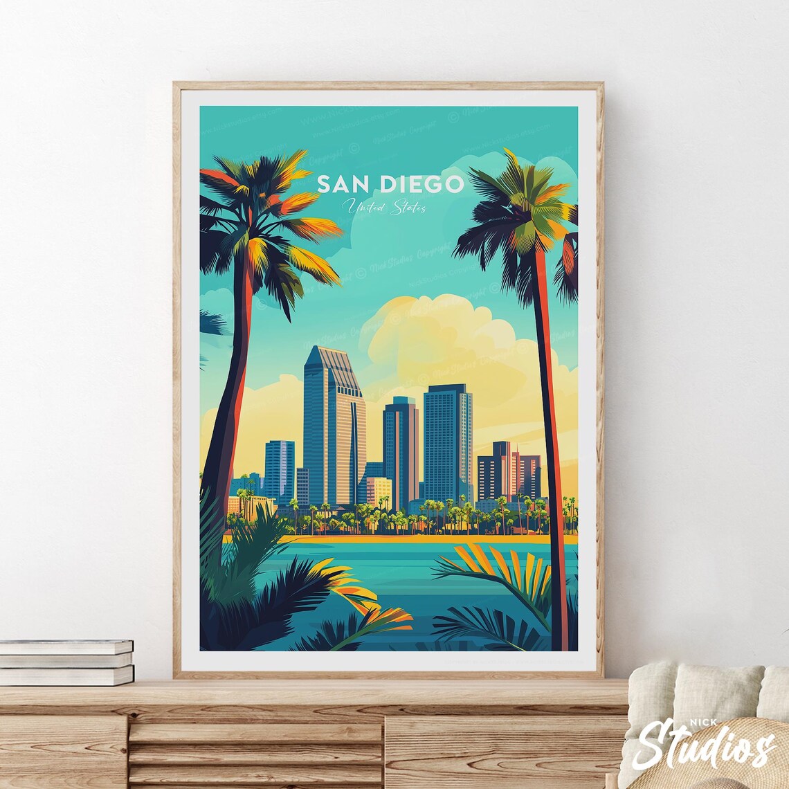 San Diego California Skyline Palm Trees Vintage Travel Poster