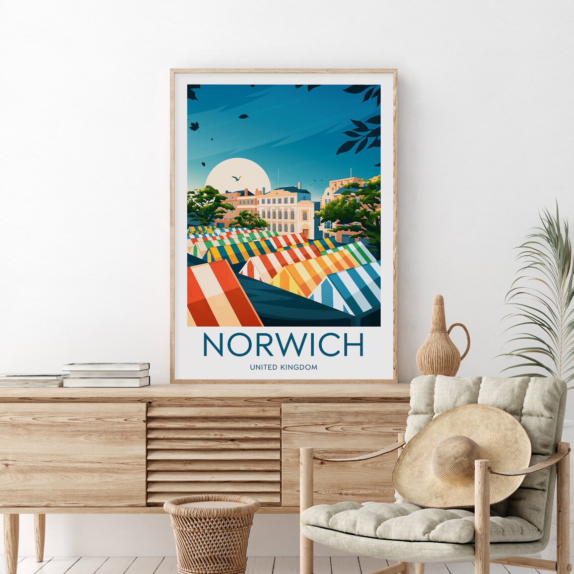 Norwich England Colorful Market Stalls City Travel Poster UK Art