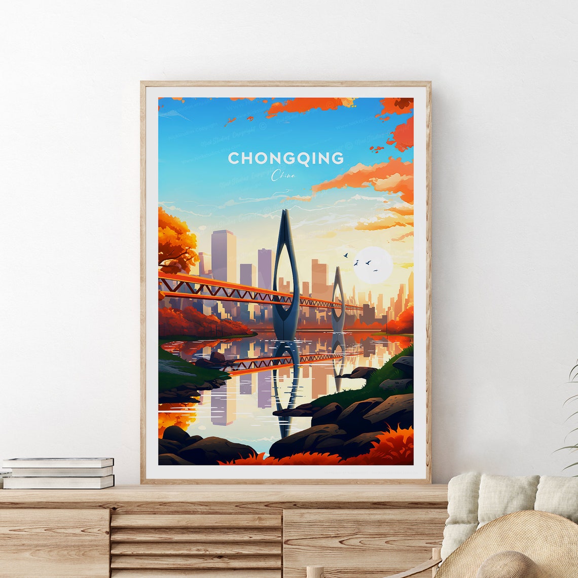 Chongqing China Modern Bridge Sunset Cityscape Travel Poster
