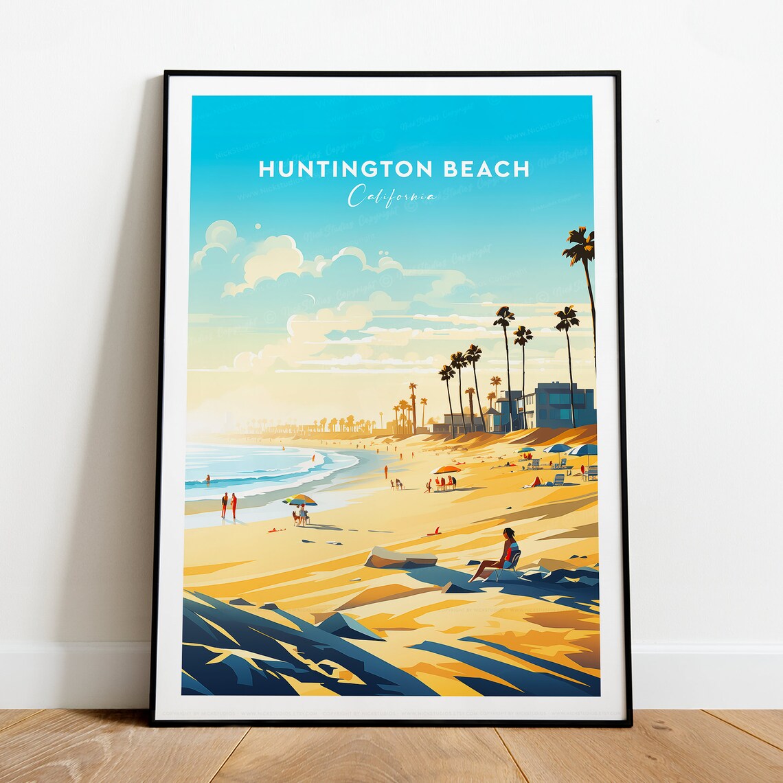 Huntington Beach California Sunny Shoreline With Palm Trees Poster