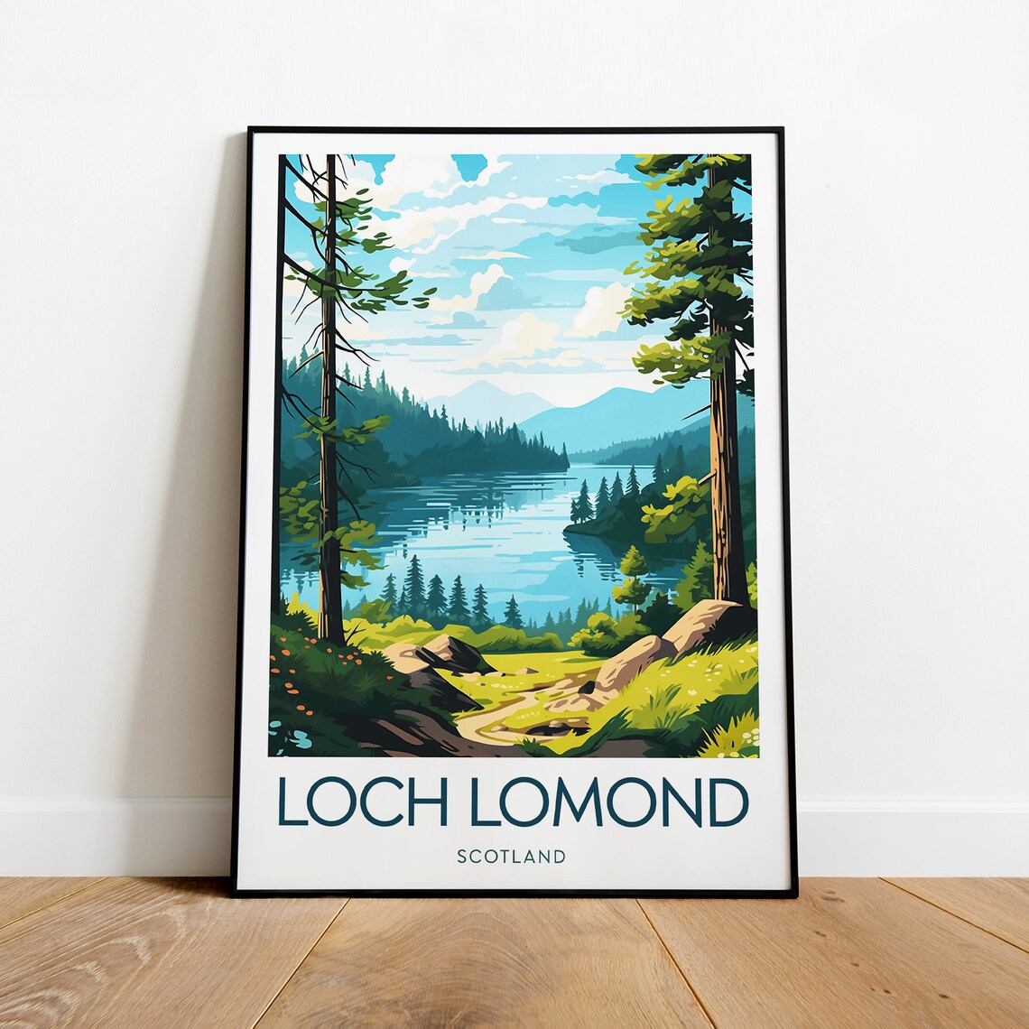 Loch Lomond Scotland Pine Forest Lakeside Morning Travel Poster