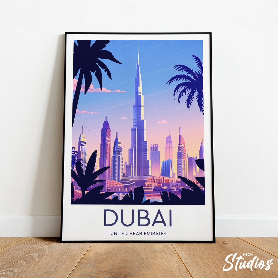 Dubai Burj Khalifa Skyline Sunset Palm Silhouette Modern Poster